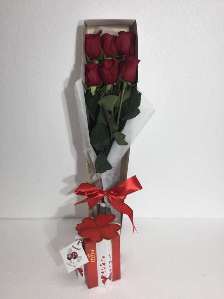Caja con 6 Rosas ms Bombones Heidi Bouquet de 140 Grs